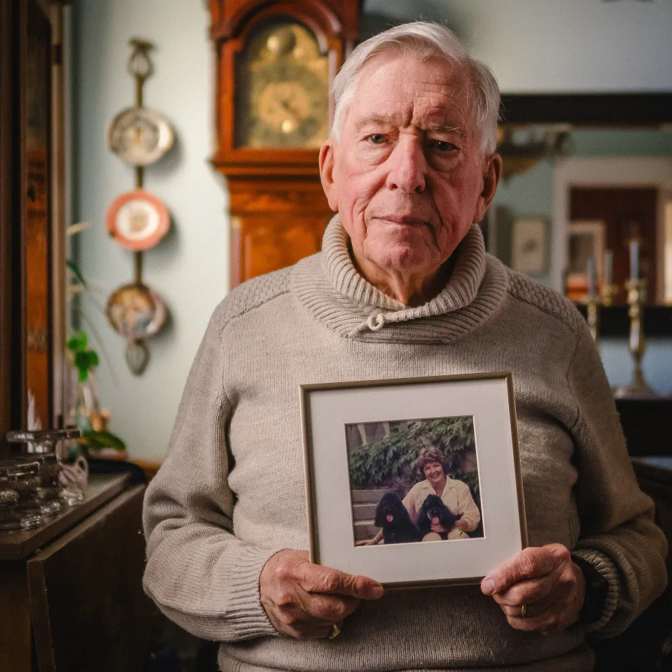 Dickson Mansfield holding a photo of his late wife Barbara
