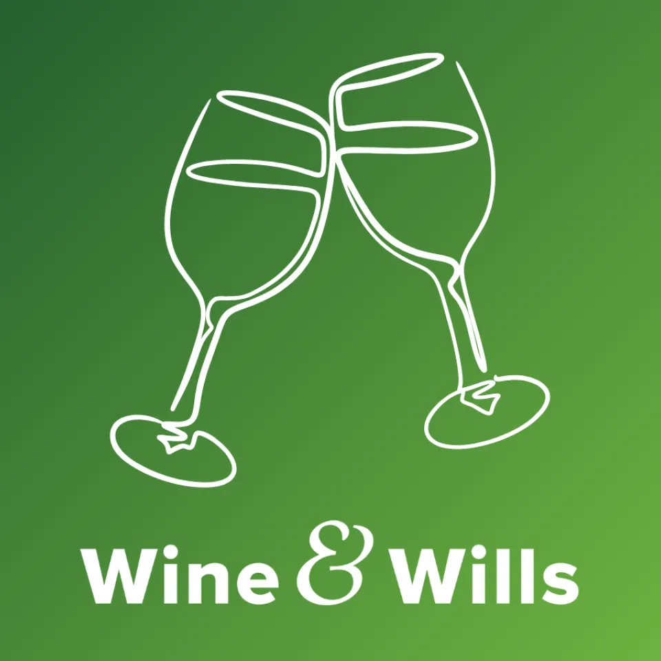Graphic of cartoon wine glasses with the text: Wine & Wills.